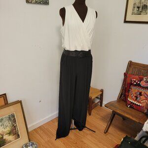 White and Black Elegant V-neck Jumpsuit-Wide Leg by Nikki Poulus